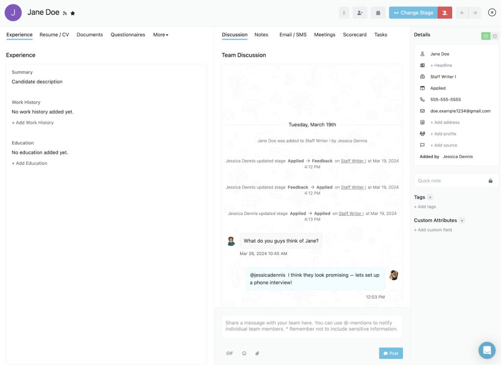 Breezy HR displays a candidate profile for someone named Jane Doe with a summary of prior experience on the left, an internal discussion board with the comment "What do you guys think of Jane?" in the middle, and candidate contact details, quick notes, and tags listed on the right.