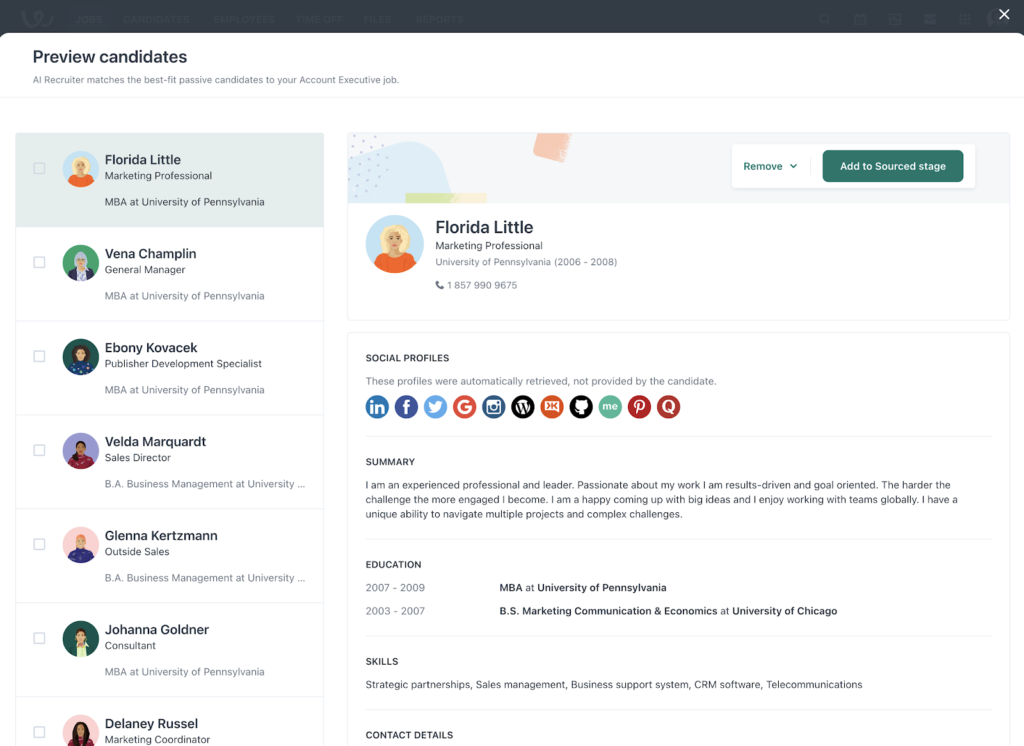 Workable displays a preview candidates dashboard with a list of AI-sourced candidate names on the left and information, like social profiles, summary, education, and skills for a candidate named Florida Little on the right.