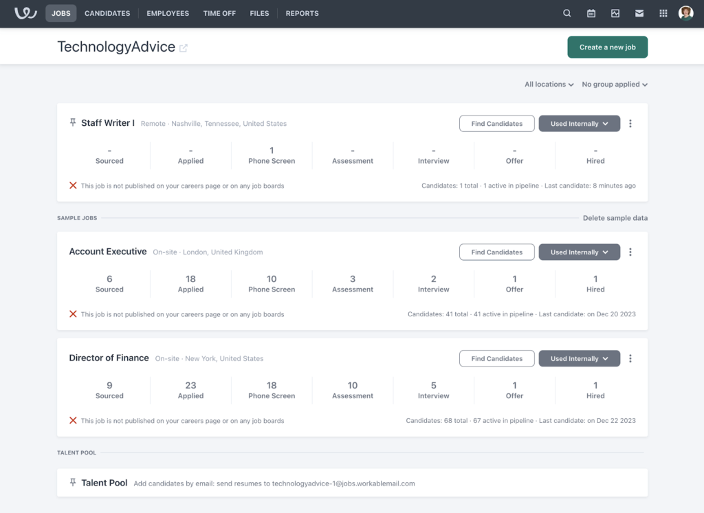 Workable displays its jobs homepage with cards showing the number of candidates in the sourced, applied, phone screen, assessment, interview, offer, and hired stages for staff writer, account executive, and director of finance positions, plus a button to create a new job at the top right corner.