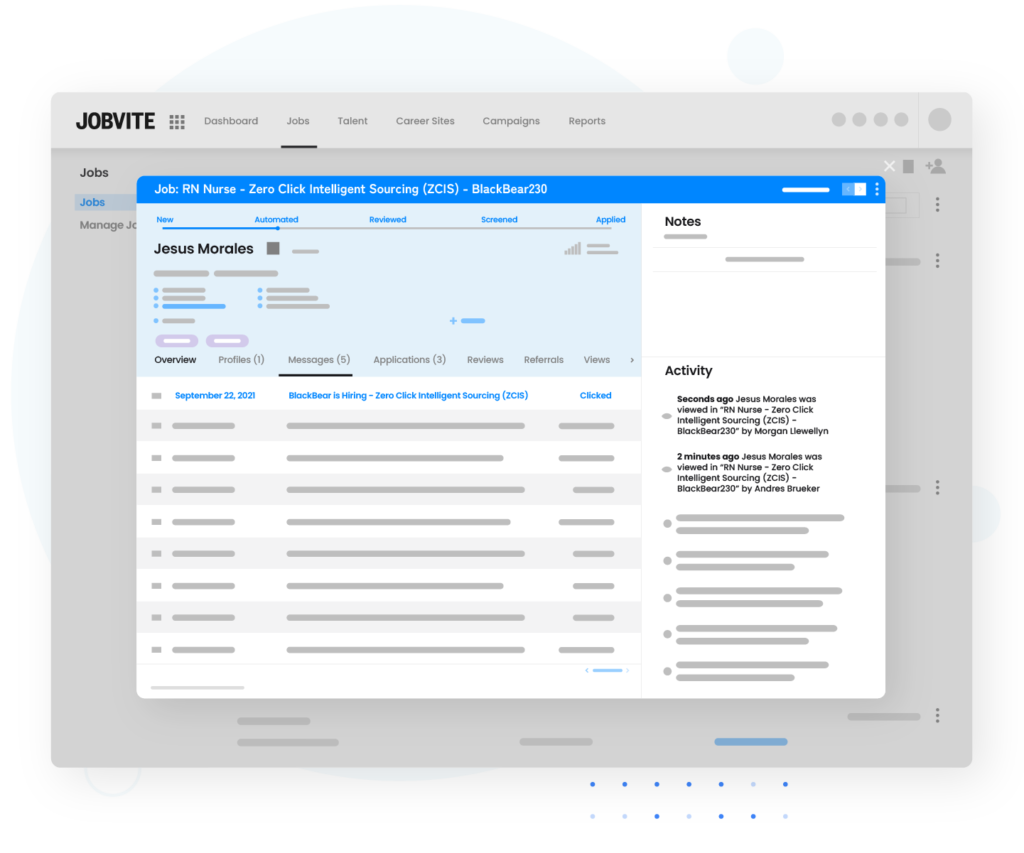 Jobvite displays a pop-up window with the engagement progress of a potential candidate named Jesus Morales, including a list of content sent to Jesus.