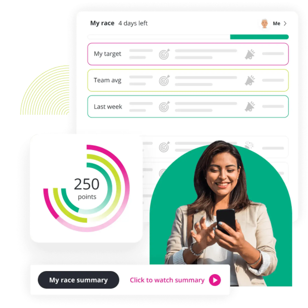 Centrical displays a user's dashboard that contains points earned, "race" progress, and options to view a race summary.