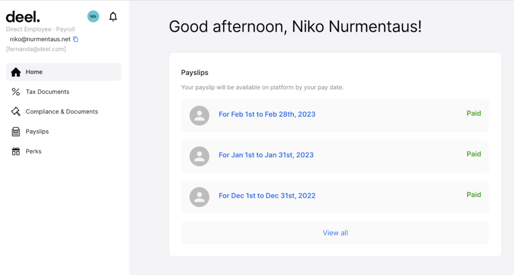 A web page welcoming the user and displaying their recent pay stubs within the Deel payroll system’s employee self-service portal.