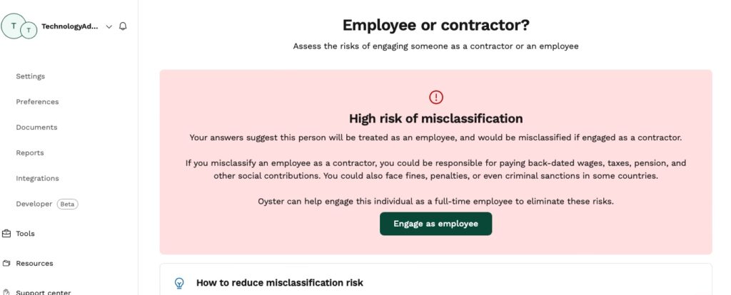 The ending screen of Oyster HR’s employee classification tool with a red box indicating that there is a high risk of misclassification based on the answers provided.