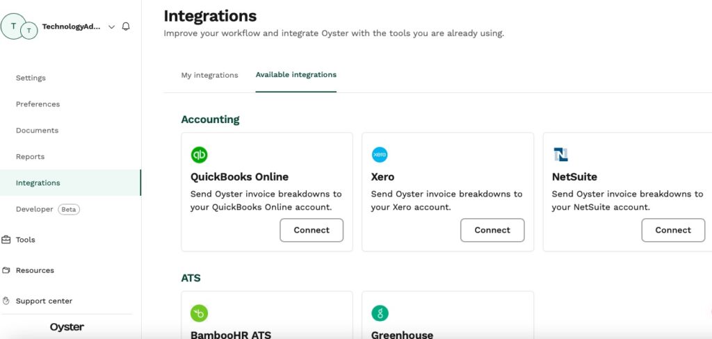 A dashboard showing different software integrations available in Oyster HR including Xero and QuickBooks.