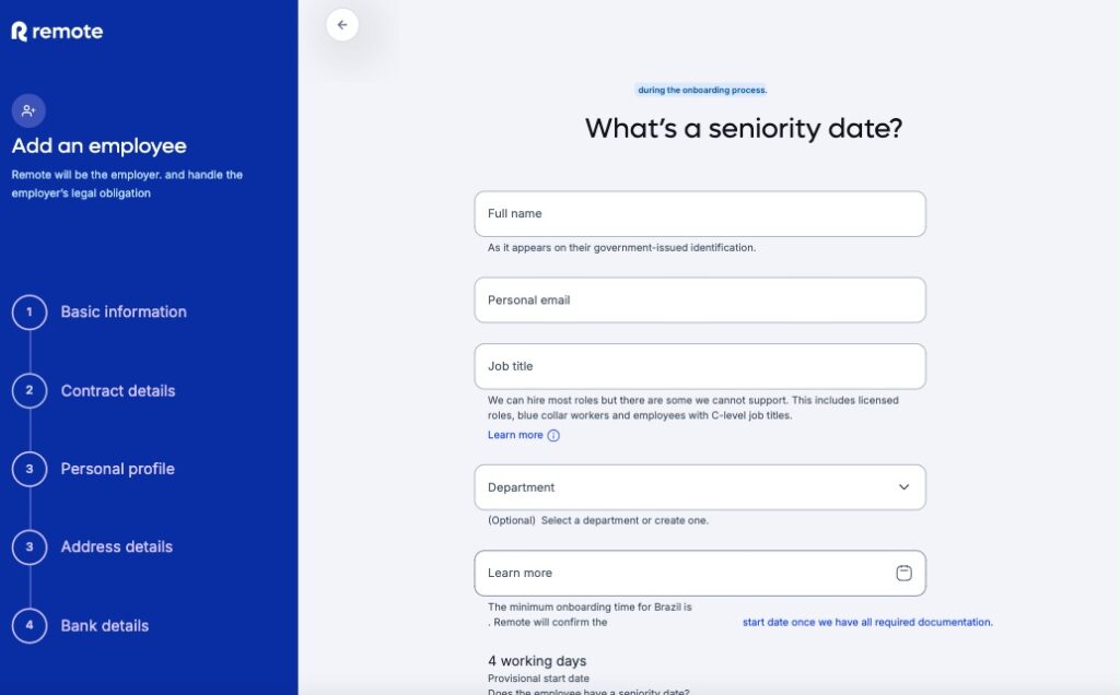 A page from Remote’s onboarding workflow prompting the employer to provide the new hire’s name and information.