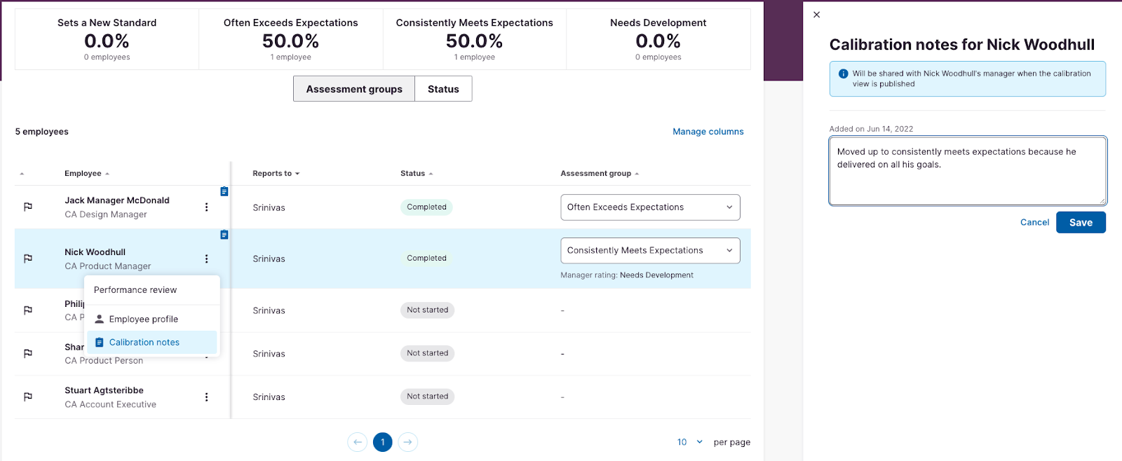 The Culture Amp platform displays notes from a calibration meeting for an employee named Nick Woodhull.