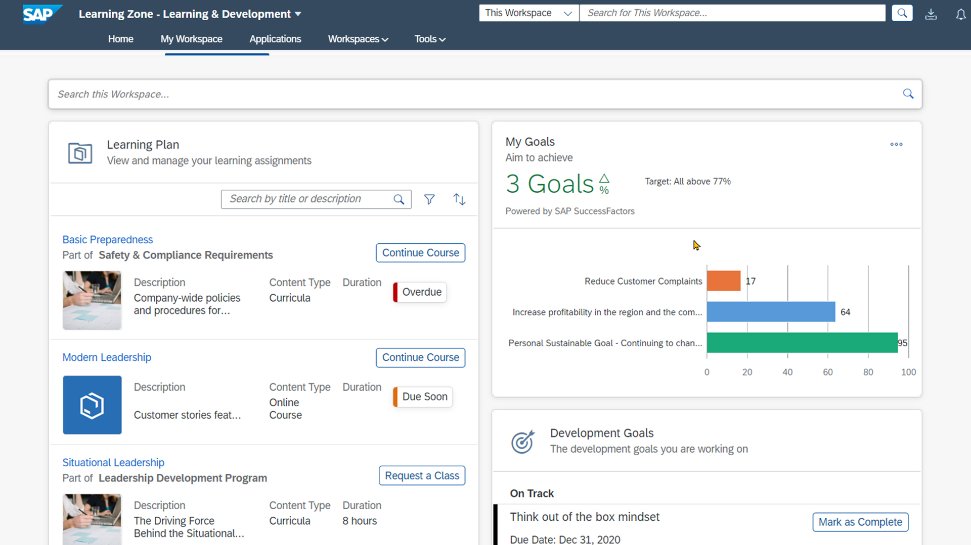 SAP displays a learning dashboard with an overview of assignments, goals, and development milestones.