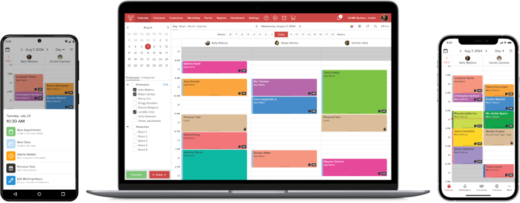 Vagaro online calendar and booking system with sample appointments.