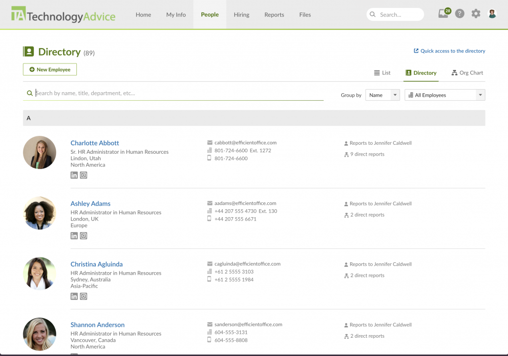 BambooHR displays a directory dashboard with a list of employees that includes their names, pictures, locations, and contact information.