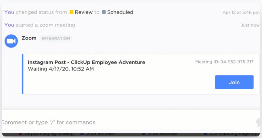 Screenshot of ClickUp displaying Zoom integration, a key feature for successful stakeholder management and collaboration.