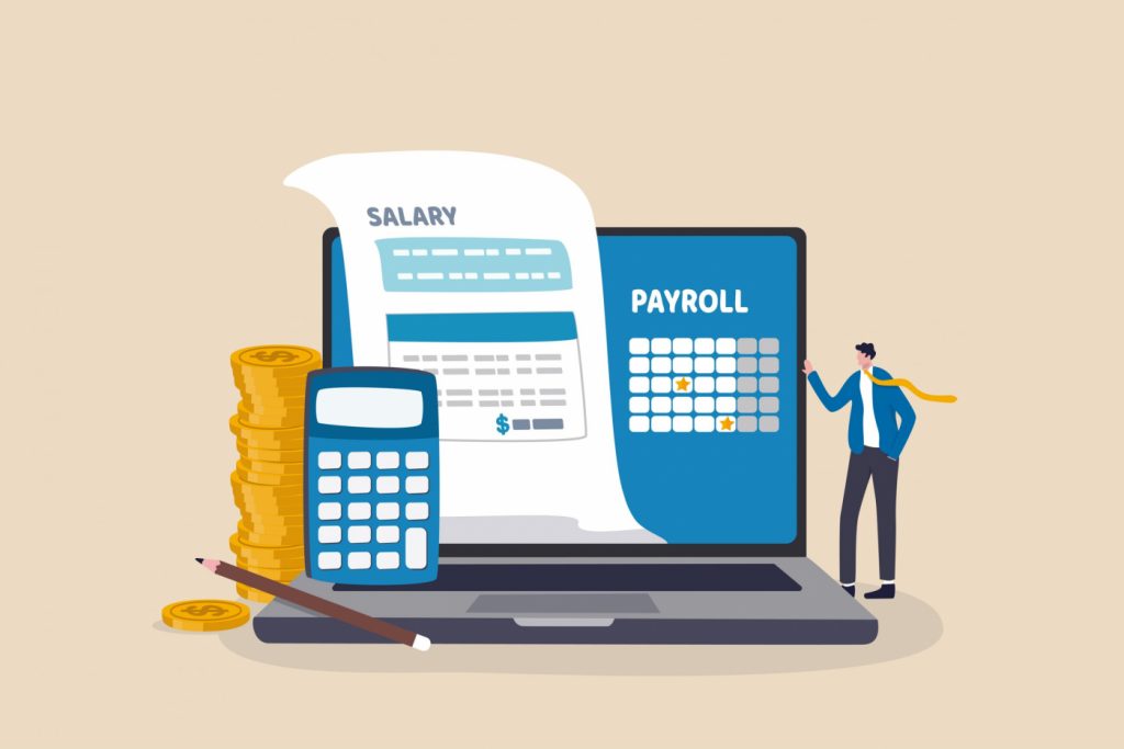 Salary payroll system, online income calculate and automatic payment, office accounting administrative or calendar pay date, employee wages concept, businessman standing with online payroll computer.