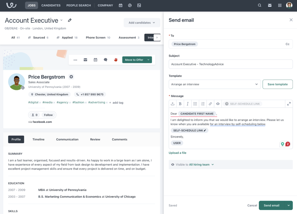 Workable displays a profile for a candidate named Price Bergstrom with a summary of their qualifications on the left and a text box with an email template on the right; the message text box includes a gray placeholder with a self-schedule link.