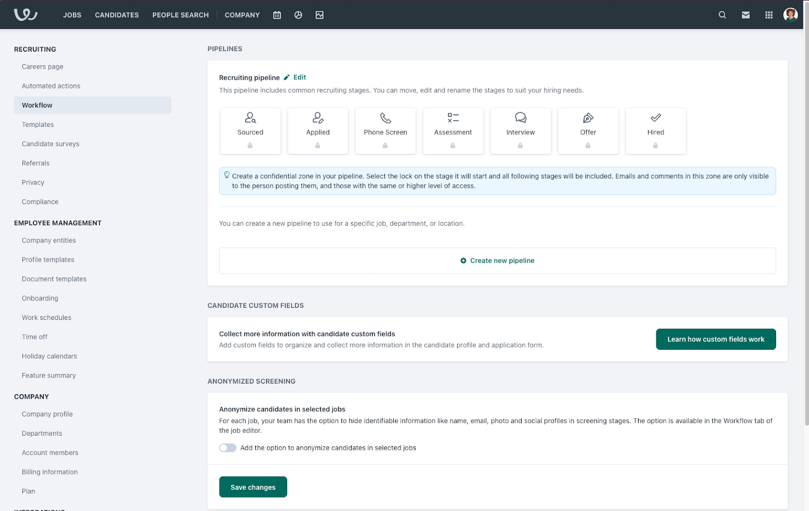 Workable has a customizable pipeline with different icons and labels to identify the different stages of the recruitment process.  Source: TechnologyAdvice