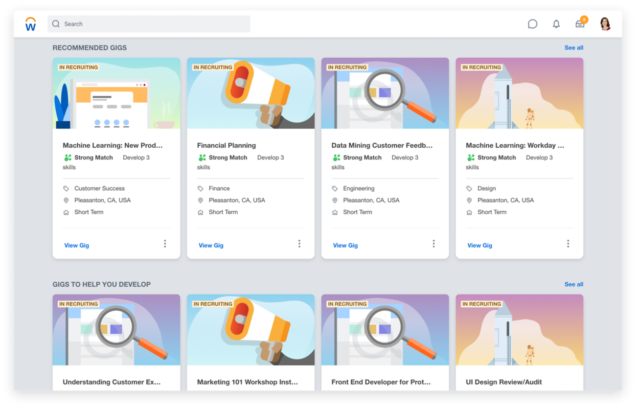 The Workday platform displays the career hub, where internal candidates can explore new job opportunities without leaving the company.