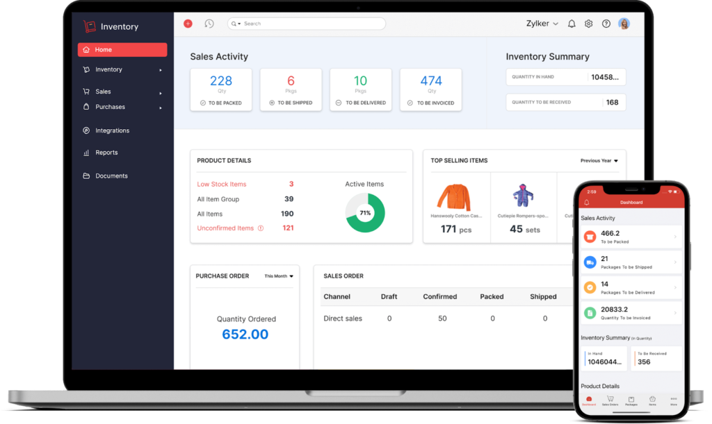 A laptop and a smartphone both showing the Zoho dashboard.