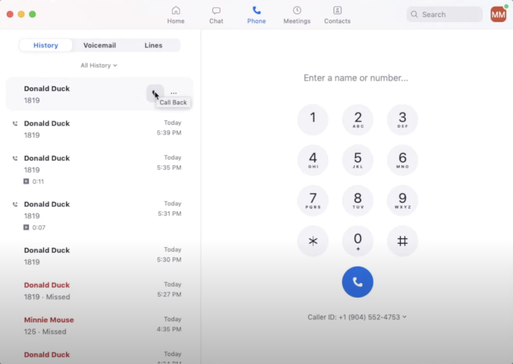 Zoom Phone desktop app dial pad and call history.